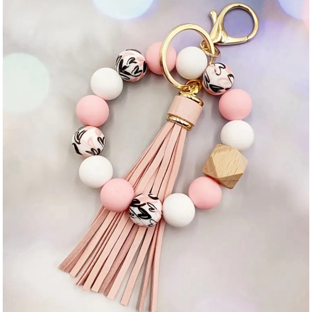 Pink, White and Gold Heart Silicone Beaded Bracelet Keychain